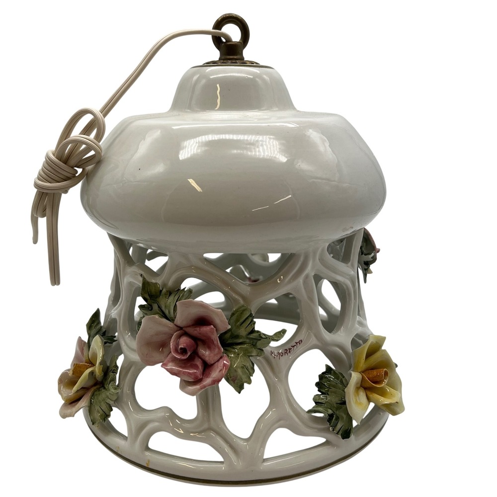 VTG Capodimonte Italy Porcelain Lace Hanging Pendant Swag Lamp M Moretto Signed